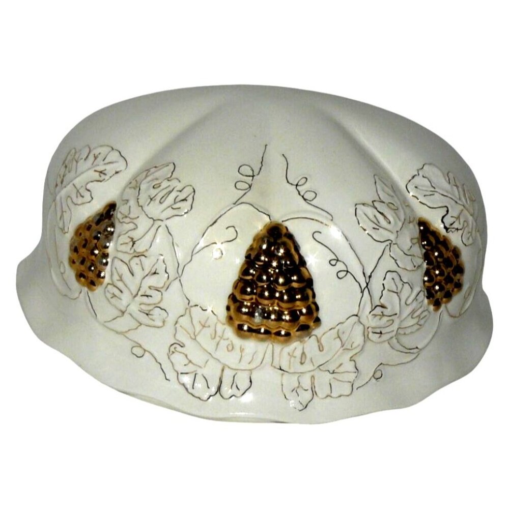 Rare Vintage White Ceramic Wall Pocket Vase With Gilded Grapes & Leaf Design
